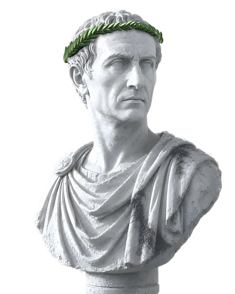 A white marble bust of Julius Caesar crowned with green laurel